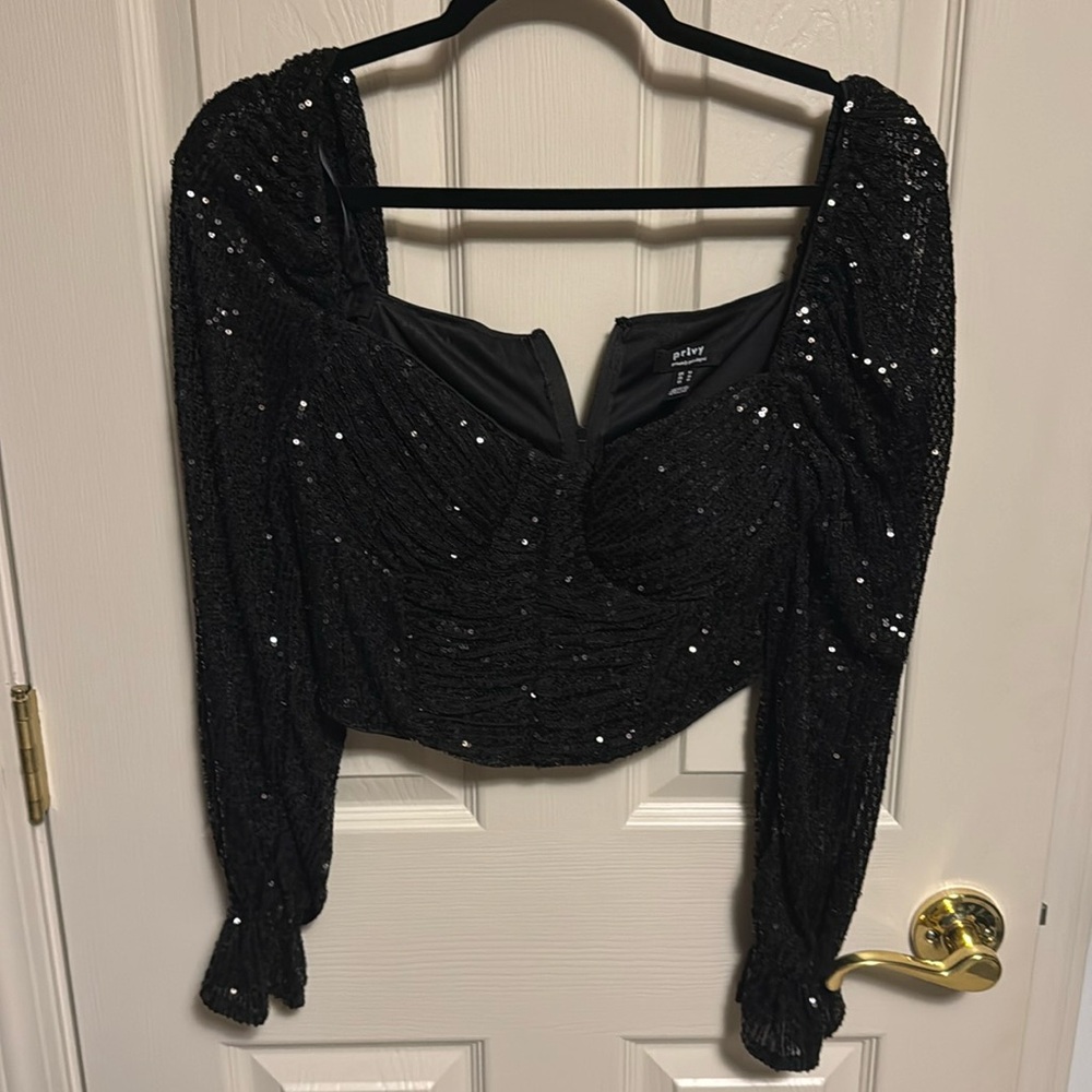 privy Black Sequin Ruched Long Sleeve Crop Top